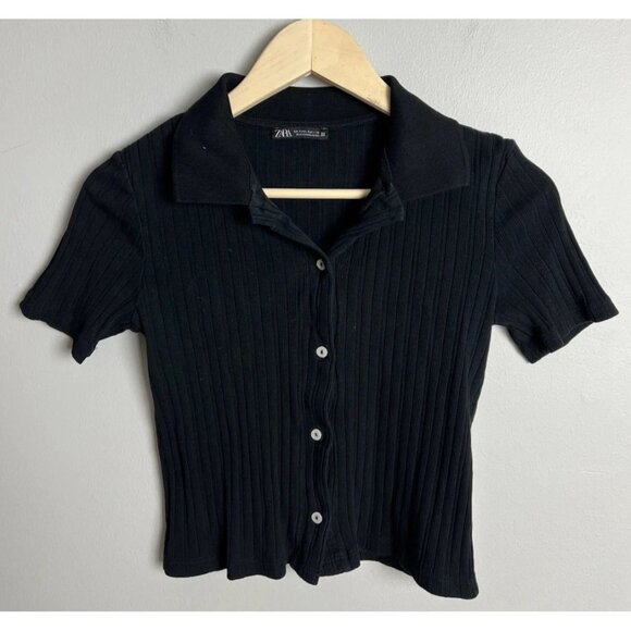 Zara Black Ribbed Button Front Collared Short Sleeve Top Women’s Small - Picture 1 of 3